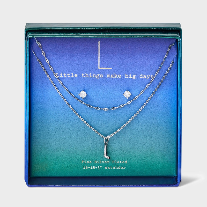 Silver Plated Cubic Zirconia Stud Earring and Initial "L" Multi-Strand Chain Necklace Set 2pc - A New Day Silver