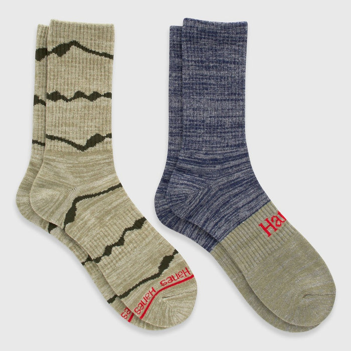 Hanes Originals Premium Men's Free Feed Crew Socks 2pk - Green/Beige 6-12