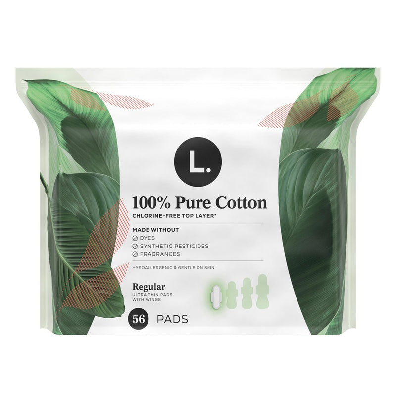 L . Organic Cotton Topsheet Ultra Thin Regular Absorbency Pads with Wings - 56ct