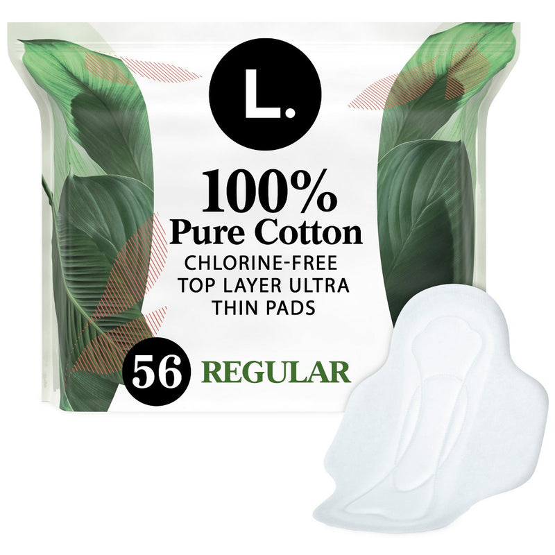 L . Organic Cotton Topsheet Ultra Thin Regular Absorbency Pads with Wings - 56ct