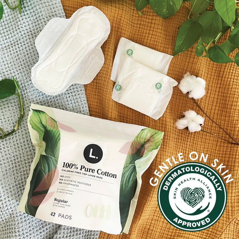 L . Organic Cotton Topsheet Ultra Thin Regular Absorbency Pads with Wings - 56ct