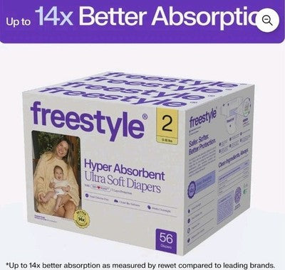 Freestyle Hyper Absorbent Ultra Soft TCF Baby Diapers, Size 2, 56 Count (Select