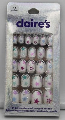 Claires Press On Nails Womens 24 White Stars Rhinestone Self Adhesive Vegan NEW