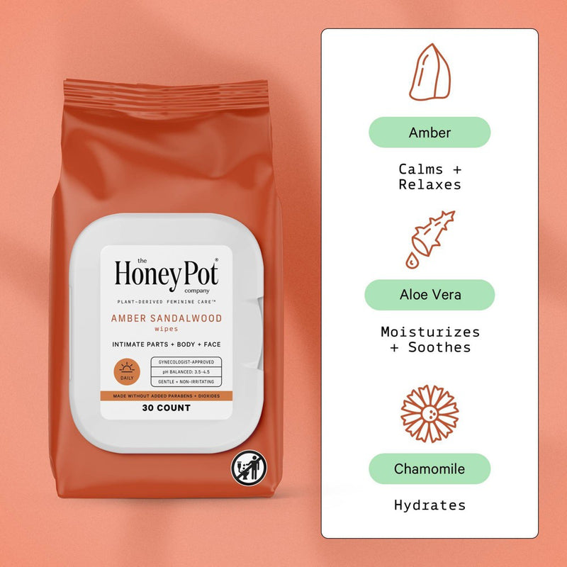 The Honey Pot Company, Amber Sandalwood Feminine Cleansing Wipes, Intimate Parts, Body or Face - 30ct