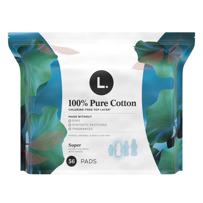 L . Pure Cotton Chlorine Free Top Layer Ultra Thin Super With Wings Unscented Absorbency Pads - 56ct