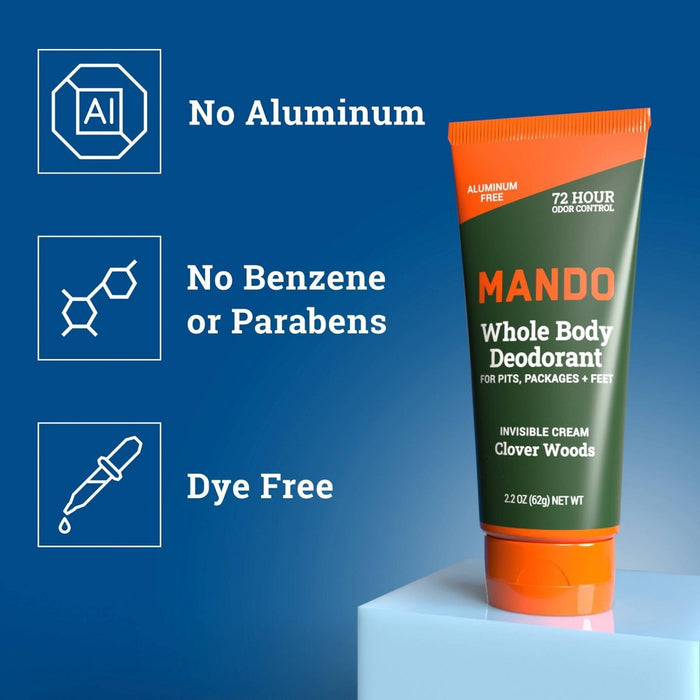 Mando Whole Body Deodorant - Men's Aluminum-Free Invisible Cream Deodorant - Clover Woods - 2.2oz