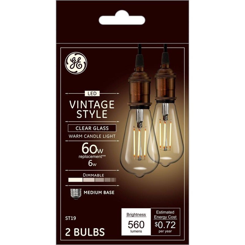 GE 2pk 6W 60W Equivalent LED Light Bulbs Clear Glass Warm Candle Light