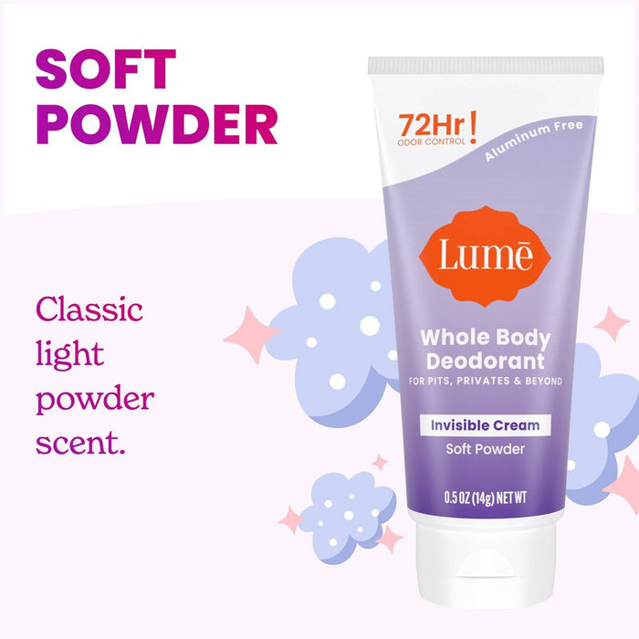 Lume Whole Body Women's Deodorant - Mini Invisible Cream Tube - Aluminum Free - Soft Powder Scent - Trial Size - 0.5oz