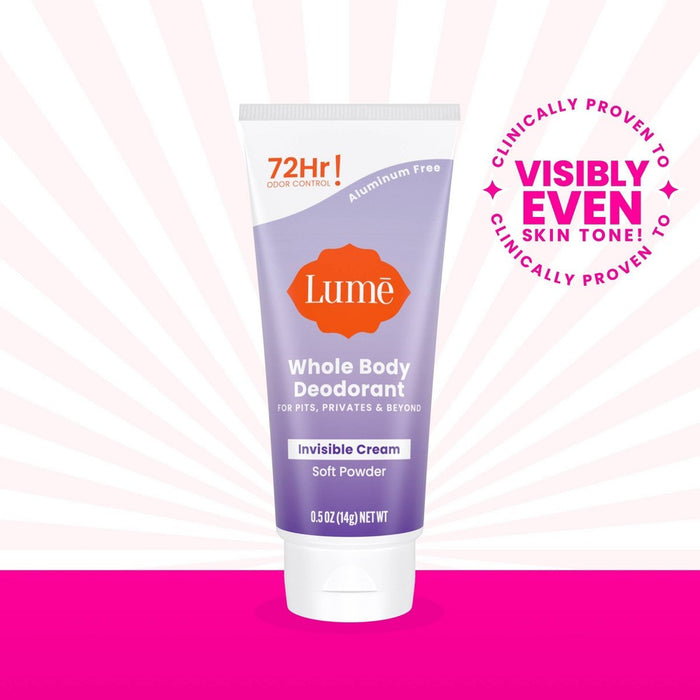 Lume Whole Body Women's Deodorant - Mini Invisible Cream Tube - Aluminum Free - Soft Powder Scent - Trial Size - 0.5oz