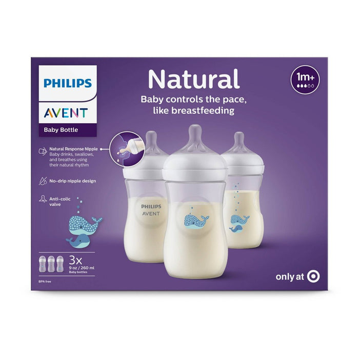 Avent Philips Natural Baby Bottle with Natural Response Nipple - Whales - 9oz/3pk