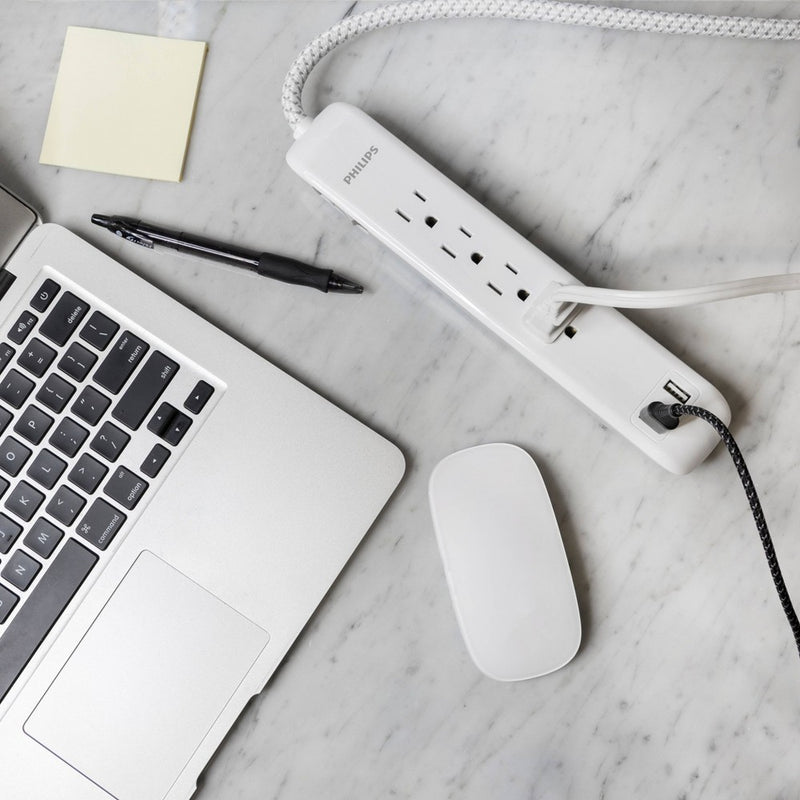 Philips 4-Outlet Surge / 2 USB-A 720 Joules 4' Braided Cord - White