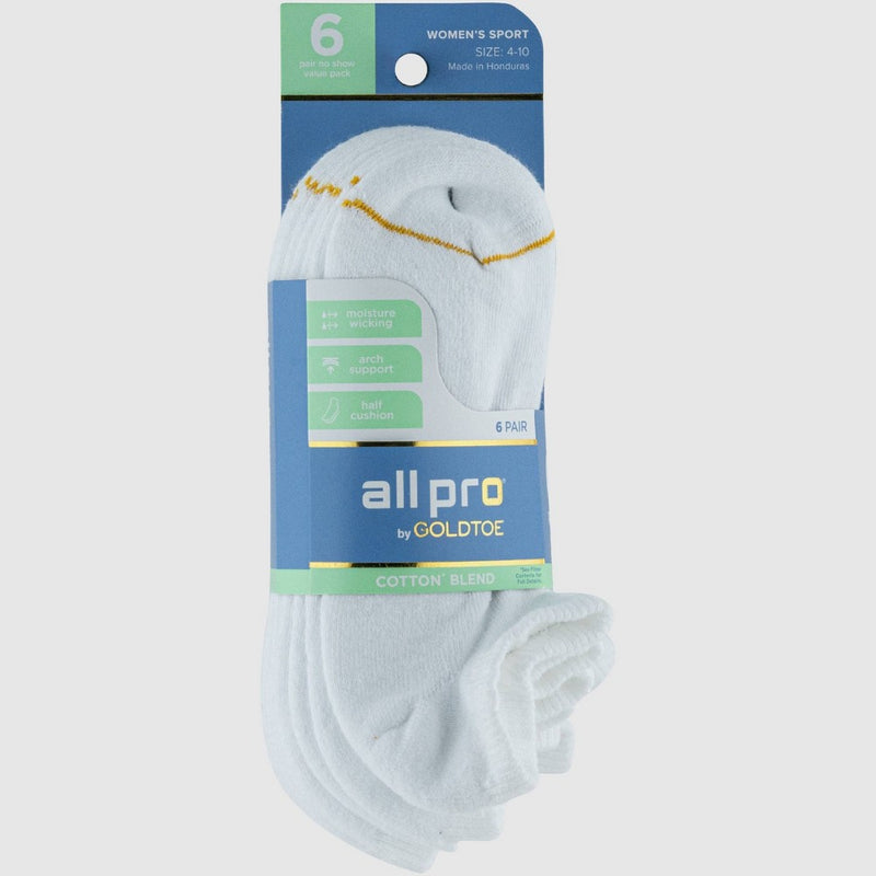All Pro Women's 6pk No Show Cotton Blend Athletic Socks - White 4-10