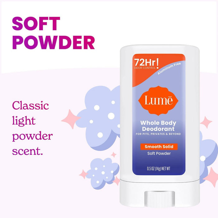 Lume Whole Body Women's Deodorant - Mini Smooth Solid Stick - Aluminum Free - Soft Powder Scent - Trial Size - 0.5oz