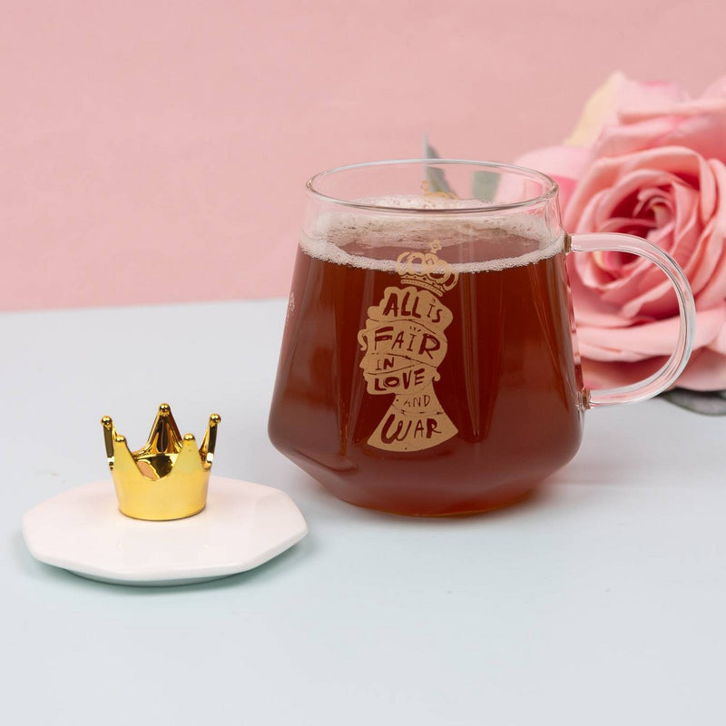 Bridgerton Izzy & Liv 11oz Glass 'All is Fair in Love and War' Mug with Crown Lid