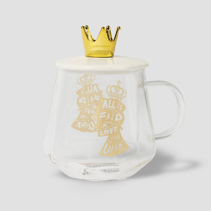 ** MISSING LID** Bridgerton Izzy & Liv 11oz Glass 'All is Fair in Love and War' Mug with Crown Lid