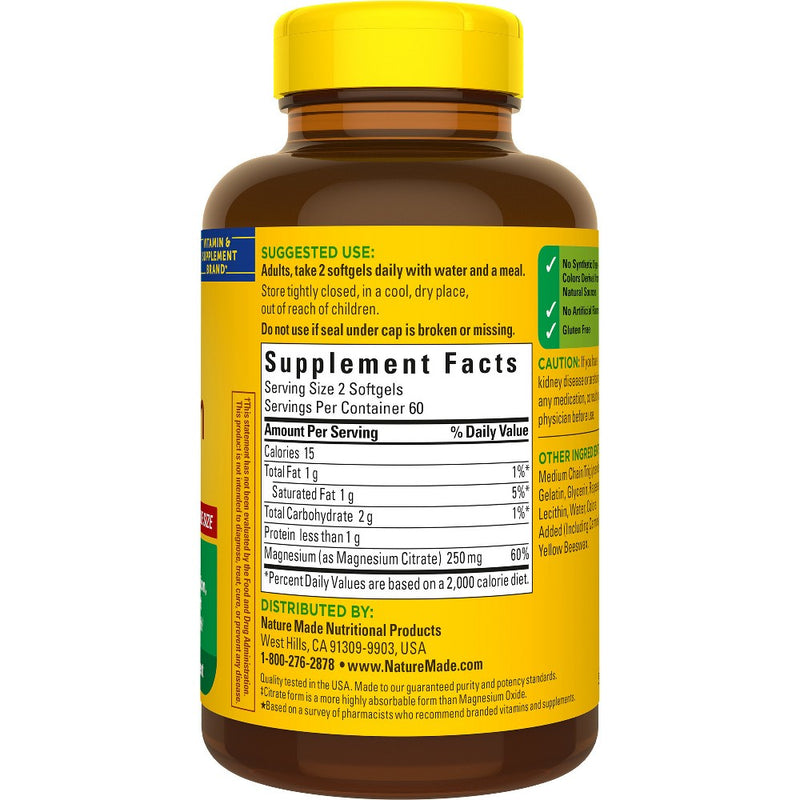 Nature Made Magnesium Citrate 250mg Muscle, Nerve, Bone & Heart Support Supplement Softgels - 120ct