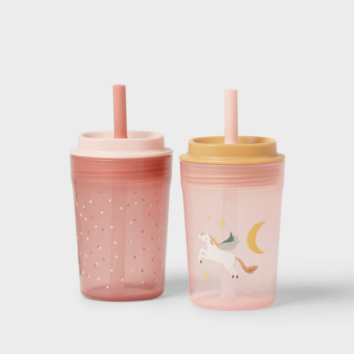Kids' 14oz 2pk Unicorn Single Wall Recycled Straw Tumblers Pink - Pillowfort