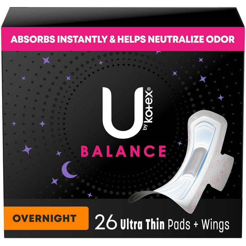 U by Kotex Balance Ultra-Thin Overnight Pads with Wings - Unscented - 26ct