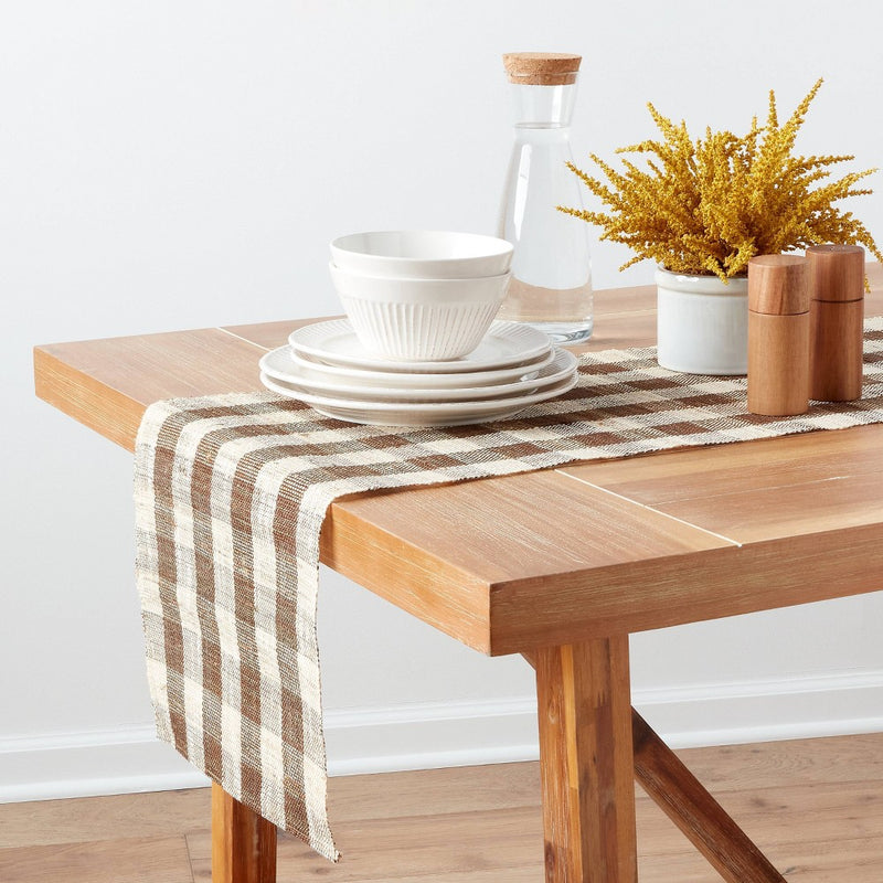 108" x 14" Cotton Gingham Table Runner Brown - Threshold