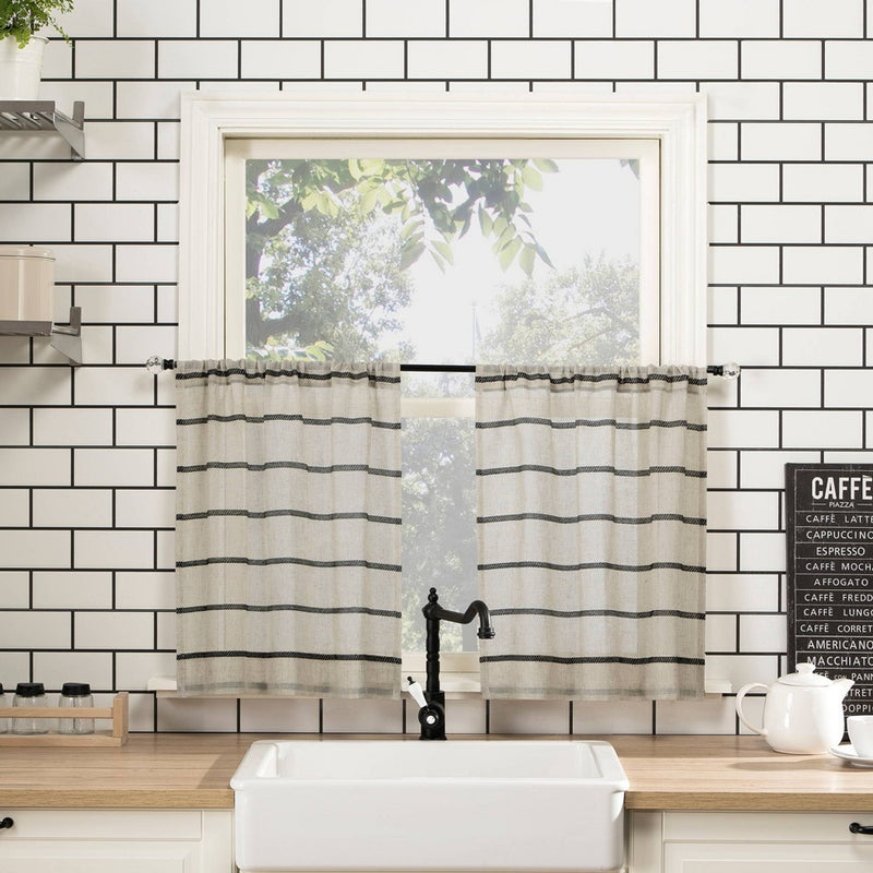 Set of 2 (24"x52") Twill Striped Anti Dust Sheer Cafe Curtain Black/Beige - Clean Window