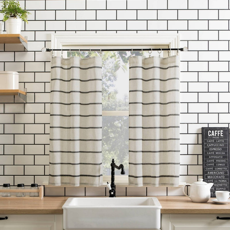 Set of 2 (24"x52") Twill Striped Anti Dust Sheer Cafe Curtain Black/Beige - Clean Window