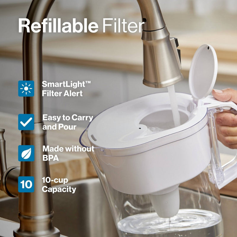 Brita Water Filter 10-Cup Tahoe Water Pitcher Dispenser with Refillable Water Filter - White