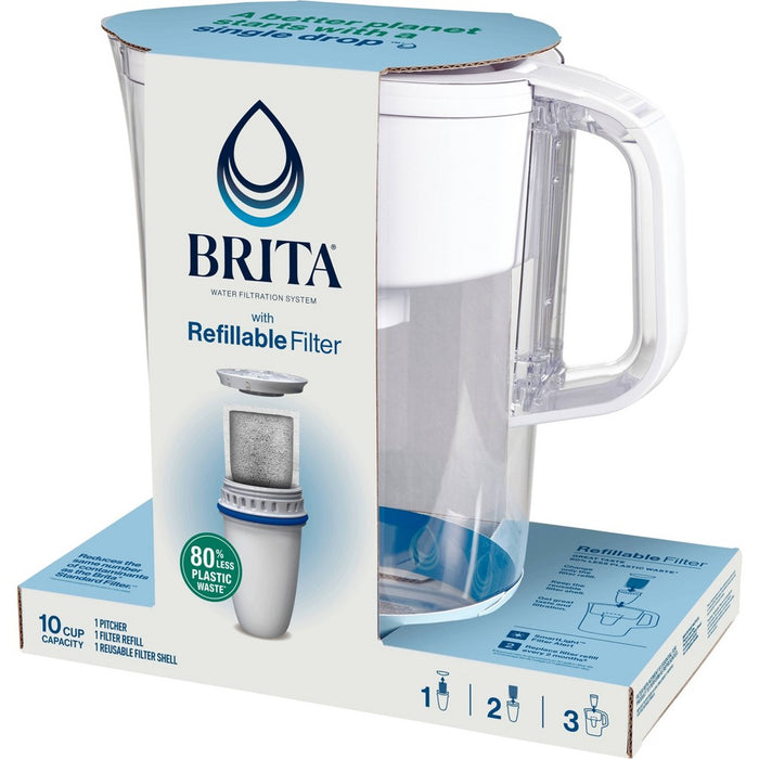 Brita Water Filter 10-Cup Tahoe Water Pitcher Dispenser with Refillable Water Filter - White