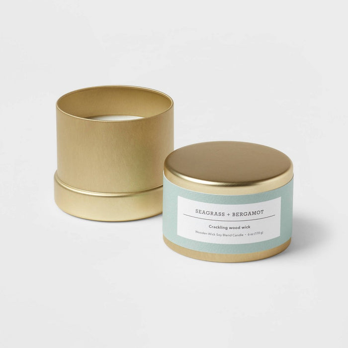 Inset Tin Seagrass + Bergamot Wood Wick Lidded Jar Candle Gold 6oz - Threshold