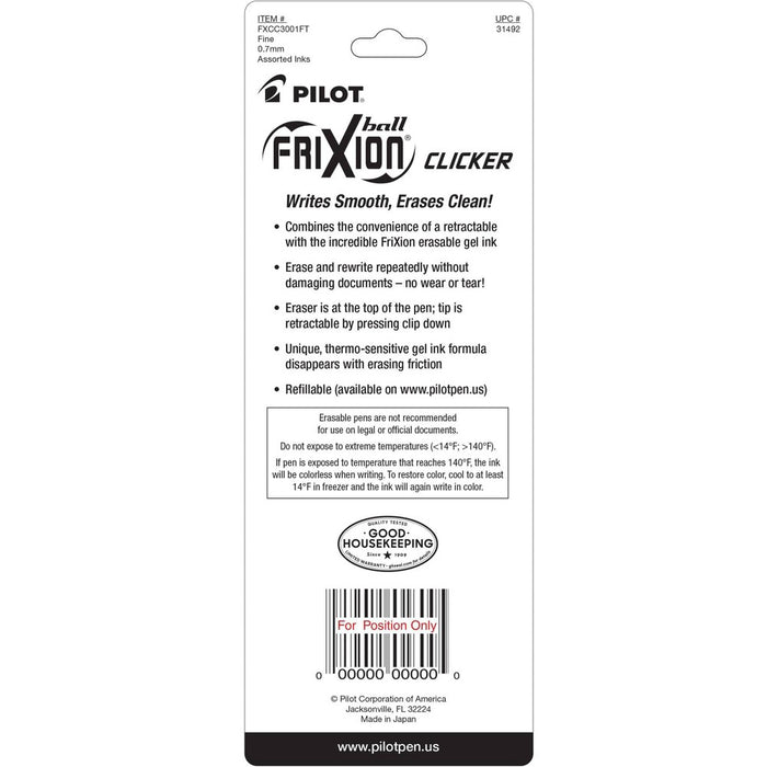 Pilot 3ct FriXion Clicker Erasable Gel Pens Fine Point 0.7mm Assorted Inks