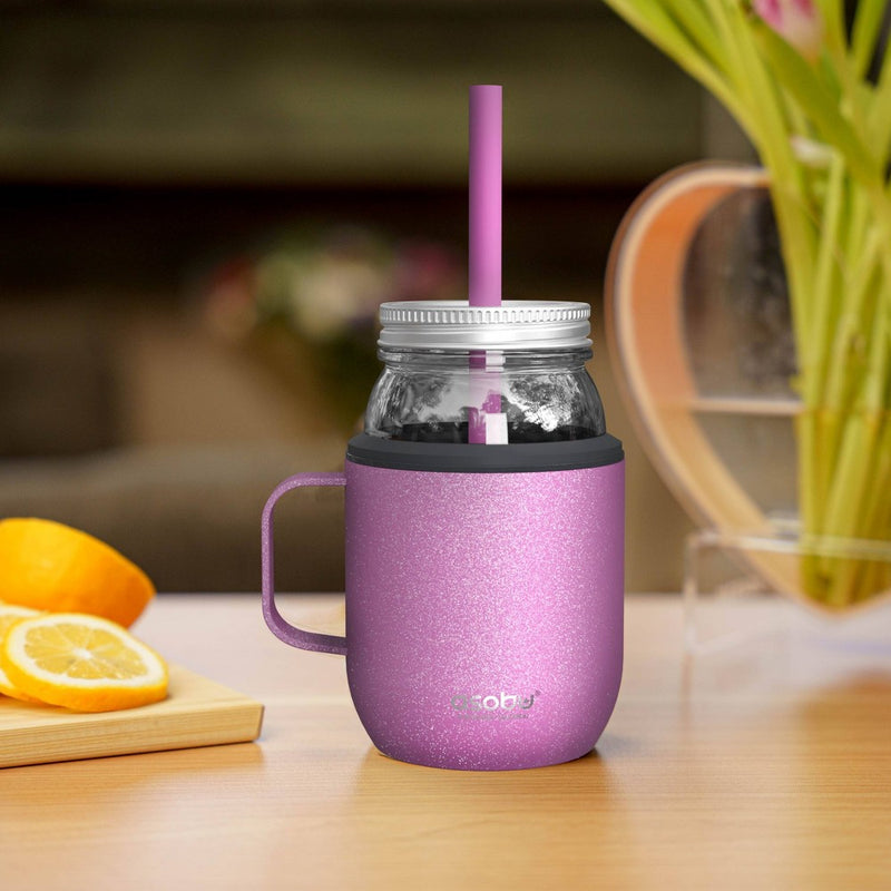 ASOBU Moonshine 16oz Stainless Steel/Glass Mason Jar Cooler with Standard Mason Jar for Hot and Cold Drinks with Straw Glitter Pink