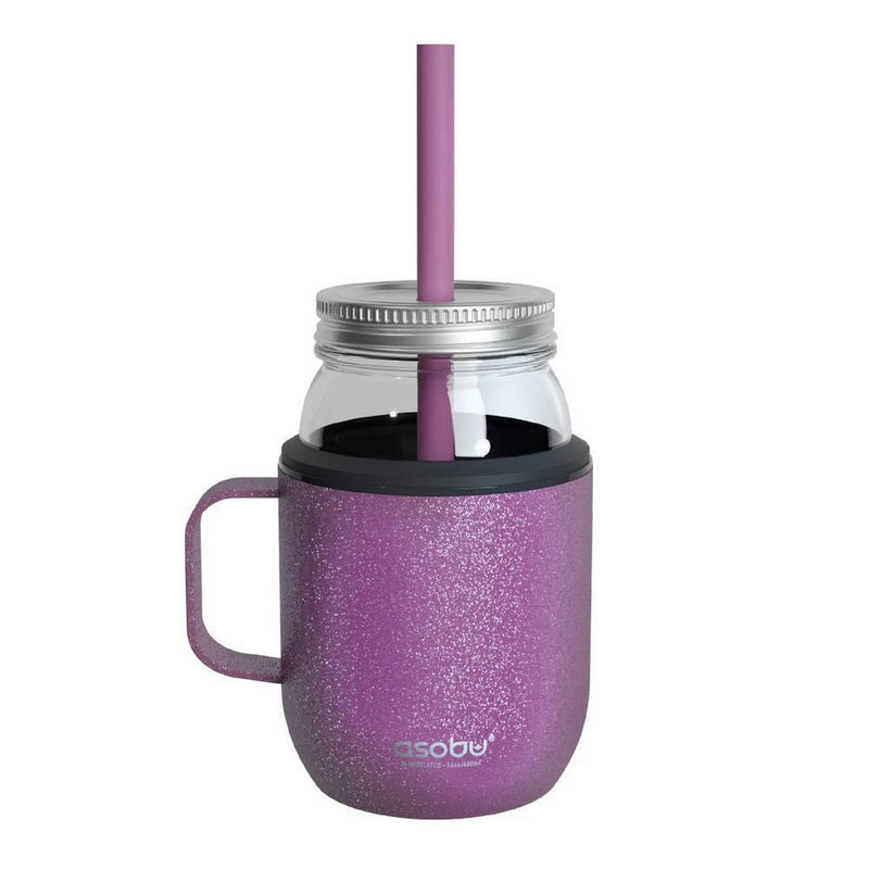 ASOBU Moonshine 16oz Stainless Steel/Glass Mason Jar Cooler with Standard Mason Jar for Hot and Cold Drinks with Straw Glitter Pink