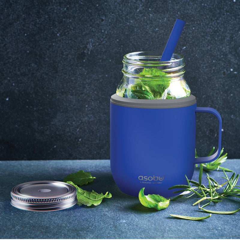 ASOBU Moonshine 16oz Stainless Steel/Glass Mason Jar Cooler with Standard Mason Jar for Hot and Cold Drinks with Straw Blue