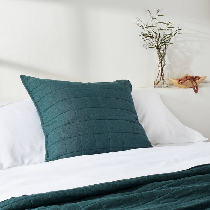 Euro Heavyweight Linen Blend Quilt Pillow Sham Dark Teal Blue - Casaluna