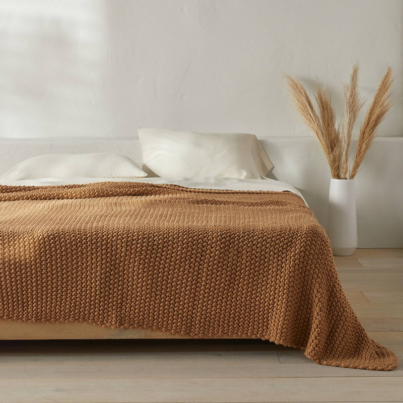 Full/Queen Chunky Knit Bed Blanket Warm Brown - Casaluna