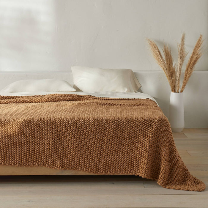 Full/Queen Chunky Knit Bed Blanket Warm Brown - Casaluna