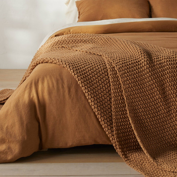 Full/Queen Chunky Knit Bed Blanket Warm Brown - Casaluna