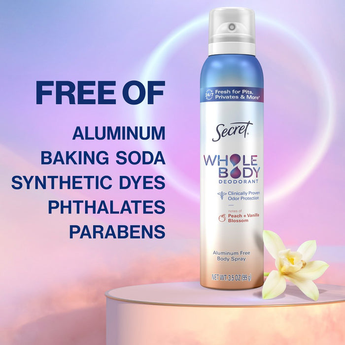 Secret Whole Body Aluminum Free Deodorant Spray - Peach & Vanilla - 3.5oz