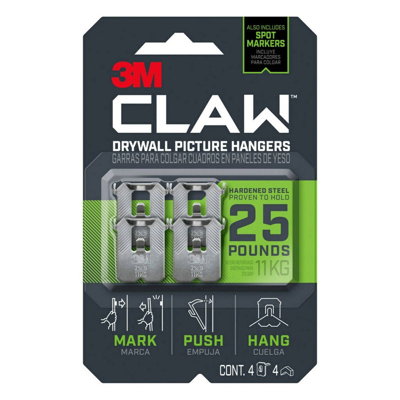 3M Claw 25lbs Drywall Picture Hanger with Temporary Spot Marker 4 Hangers and 4 Markers