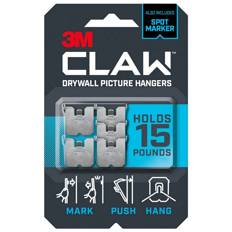 3M Claw 15lbs Drywall Picture Hanger with Temporary Spot Marker 5 Hangers and 5 Markers