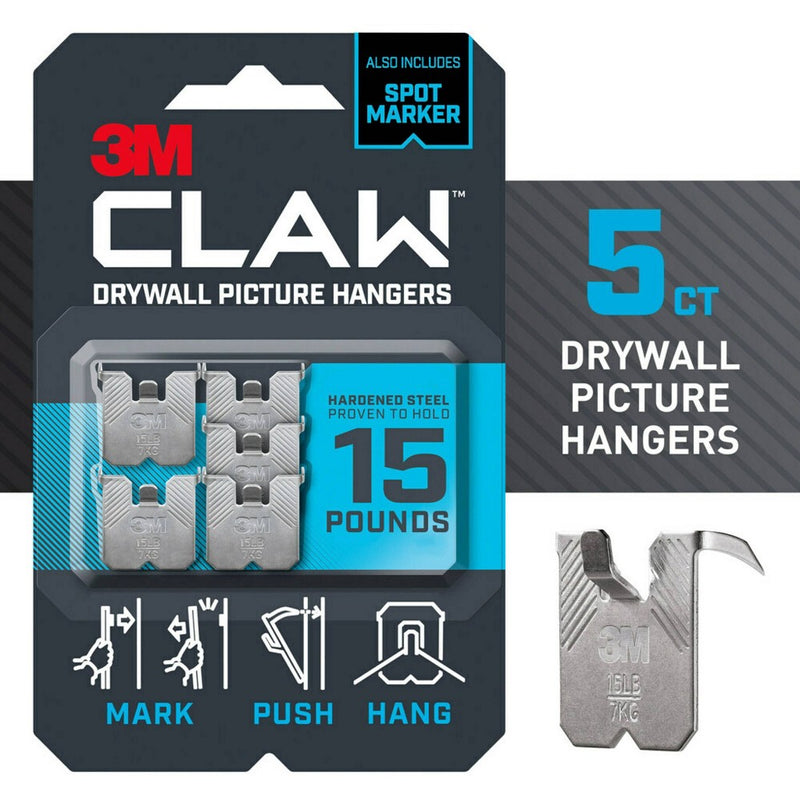 3M Claw 15lbs Drywall Picture Hanger with Temporary Spot Marker 5 Hangers and 5 Markers
