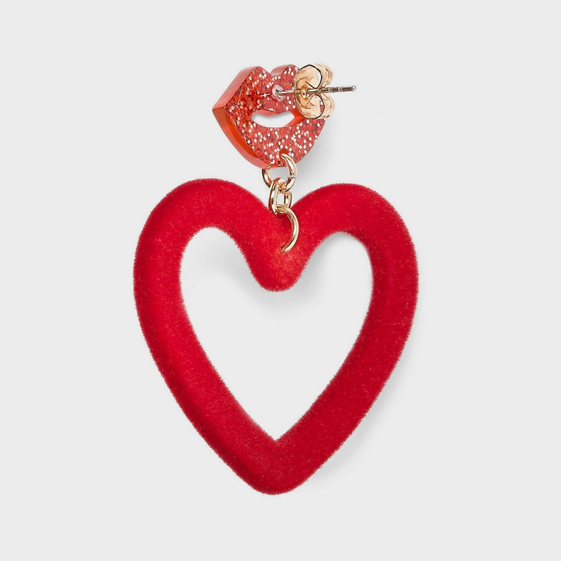 Lip and Flocked Heart Drop Earrings - Red