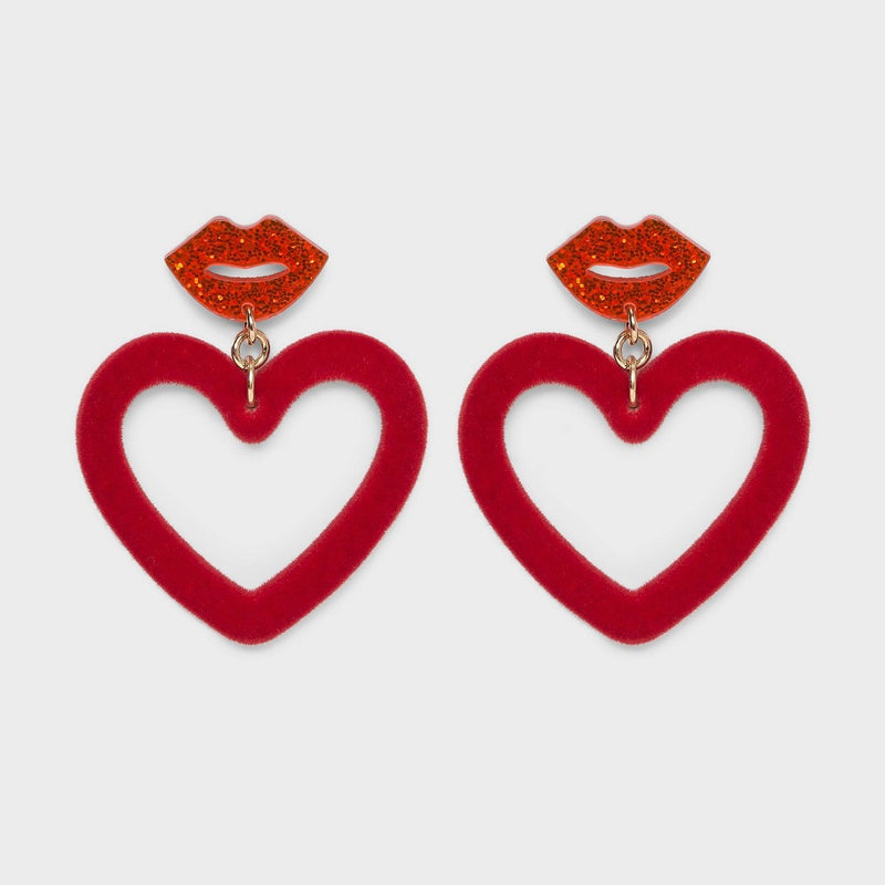 Lip and Flocked Heart Drop Earrings - Red