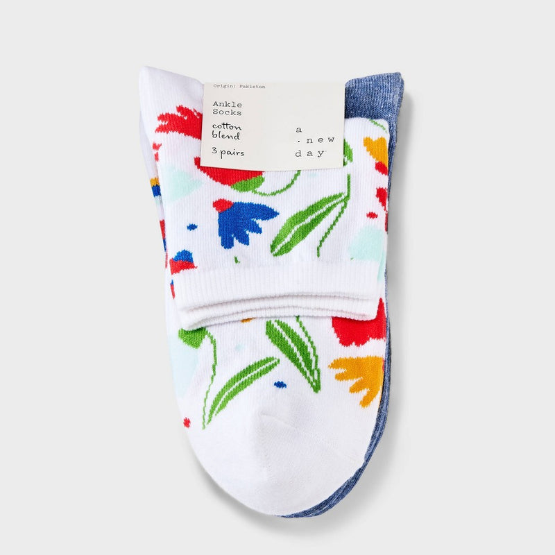 Women's 3pk Happy Garden Ankle Socks - A New Day White/Denim/Red 4-10