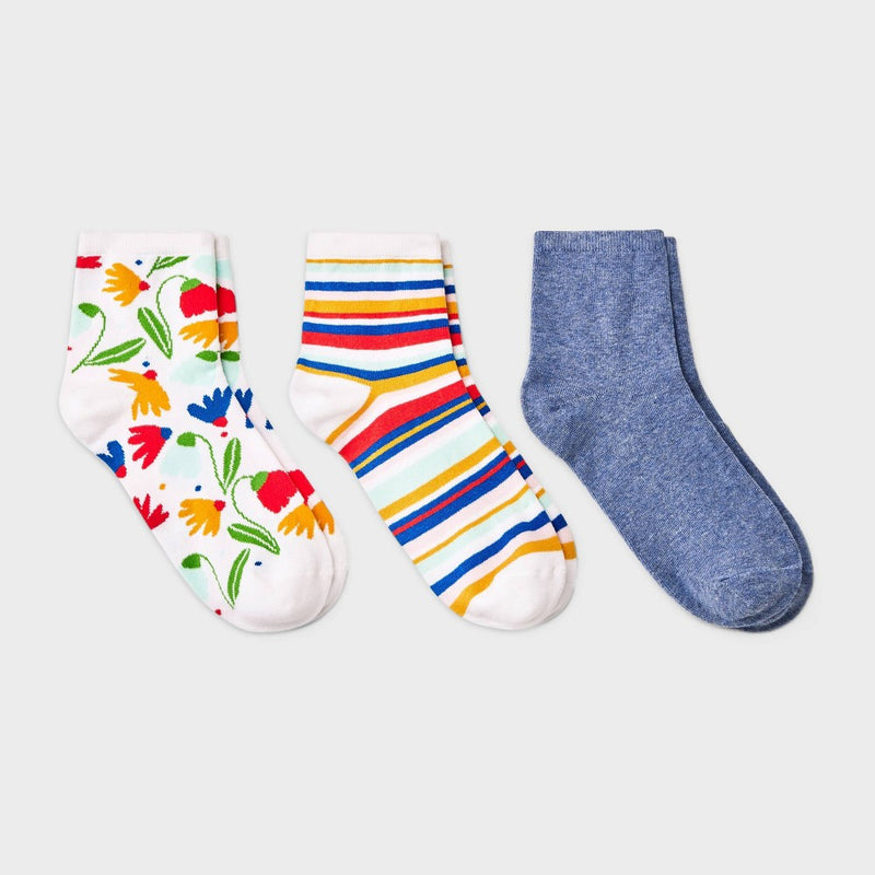 Women's 3pk Happy Garden Ankle Socks - A New Day White/Denim/Red 4-10