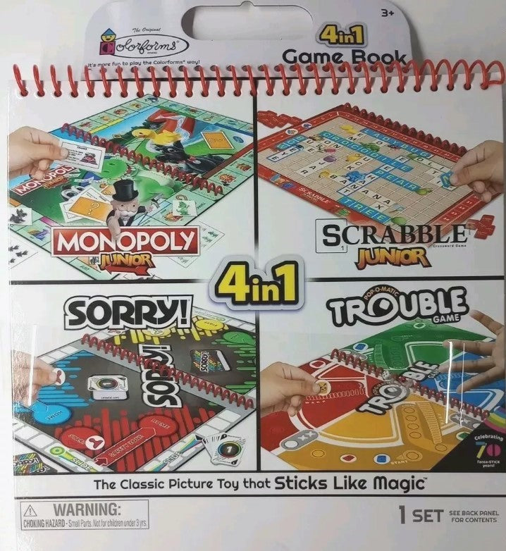 Colorforms Hasbro 4 In 1 Games - Monopoly Jr., Scrabble Jr., Trouble and Sorry