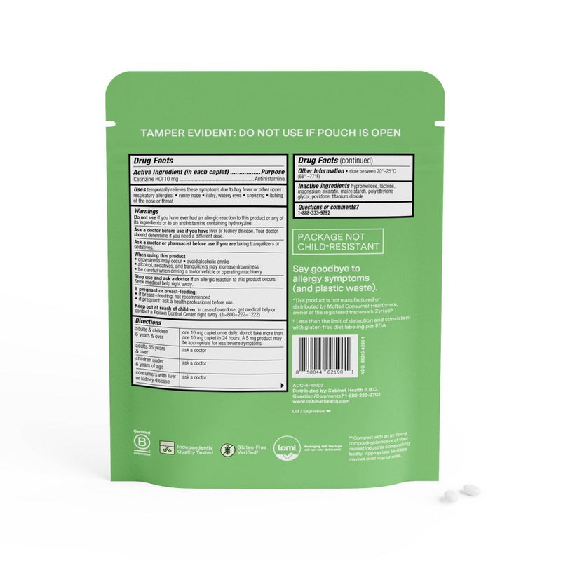 Cabinet Health 24hr Allergy Relief Cetirizine HCl 10mg Refill Compostable Gusset Pouch - 40ct