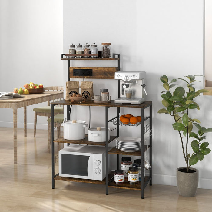 HOMCOM Kitchen Baker's Rack with Power Outlet, USB Charger, Microwave Stand, Coffee Bar with Wire Basket, Adjustable Shelf, 5 Hooks, Rustic Brown (LOCAL PICKUP ONLY)