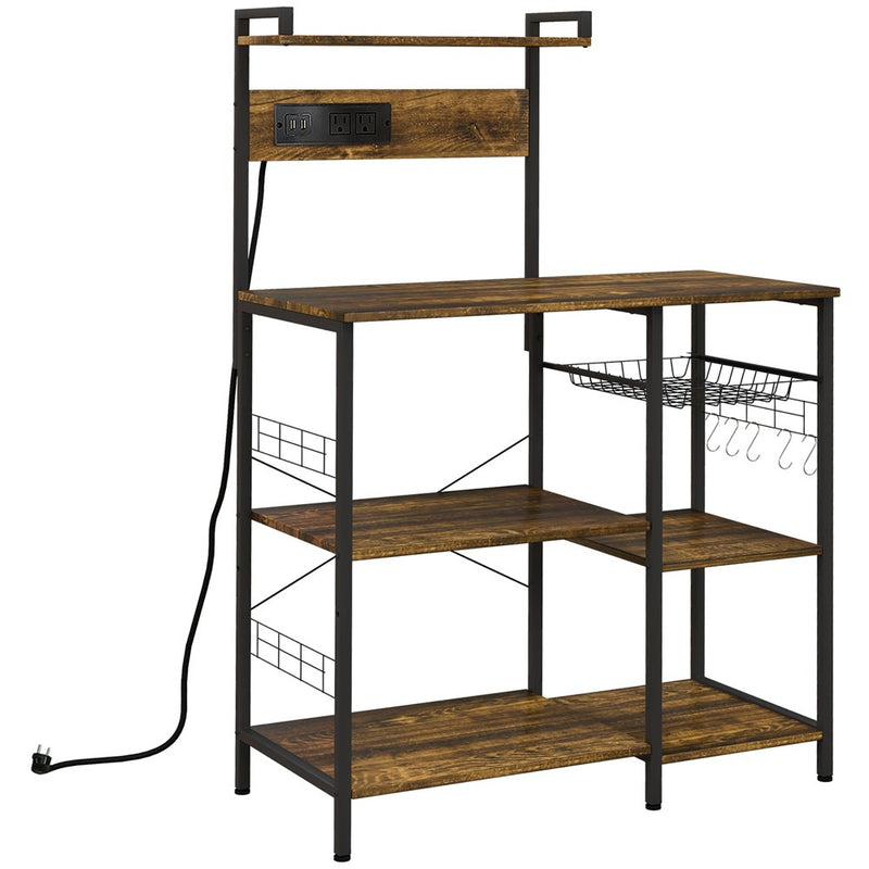 HOMCOM Kitchen Baker's Rack with Power Outlet, USB Charger, Microwave Stand, Coffee Bar with Wire Basket, Adjustable Shelf, 5 Hooks, Rustic Brown (LOCAL PICKUP ONLY)