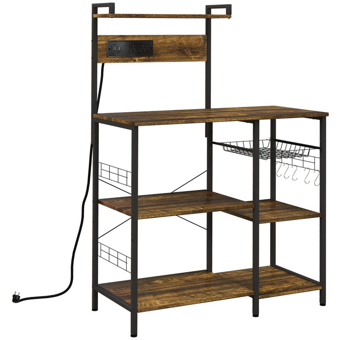 HOMCOM Kitchen Baker's Rack with Power Outlet, USB Charger, Microwave Stand, Coffee Bar with Wire Basket, Adjustable Shelf, 5 Hooks, Rustic Brown (LOCAL PICKUP ONLY)