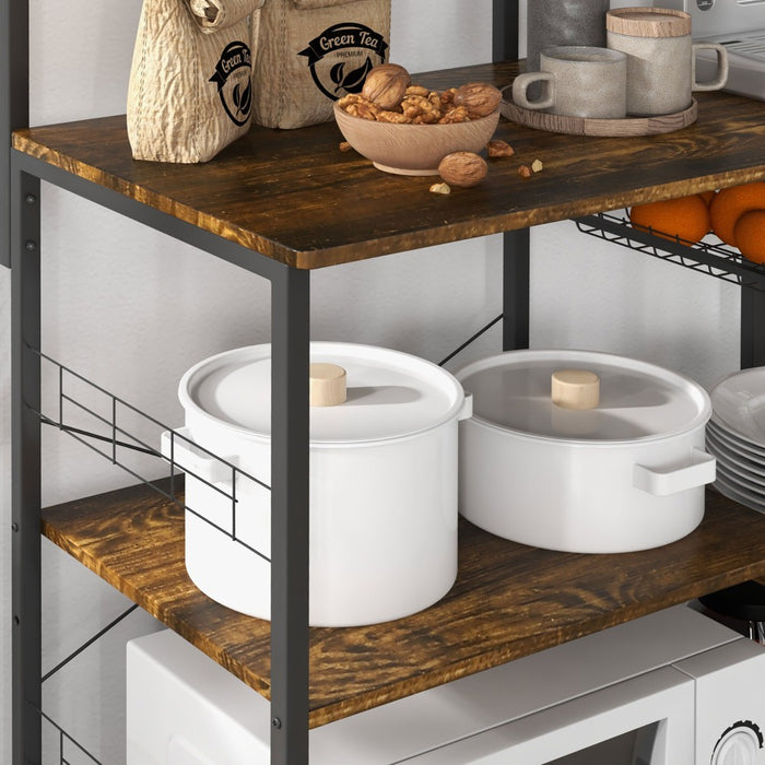 HOMCOM Kitchen Baker's Rack with Power Outlet, USB Charger, Microwave Stand, Coffee Bar with Wire Basket, Adjustable Shelf, 5 Hooks, Rustic Brown (LOCAL PICKUP ONLY)